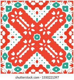 Antique mexican talavera ceramic. Vector seamless pattern texture. Kitchen design. Red floral and abstract decor for scrapbooking, smartphone cases, T-shirts, bags or linens.