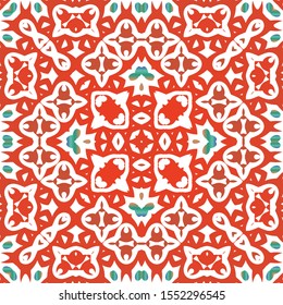 Antique mexican talavera ceramic. Vector seamless pattern concept. Graphic design. Red floral and abstract decor for scrapbooking, smartphone cases, T-shirts, bags or linens.