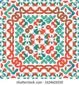 Antique mexican talavera ceramic. Vector seamless pattern texture. Kitchen design. Red floral and abstract decor for scrapbooking, smartphone cases, T-shirts, bags or linens.