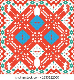 Antique mexican talavera ceramic. Vector seamless pattern texture. Kitchen design. Red floral and abstract decor for scrapbooking, smartphone cases, T-shirts, bags or linens.