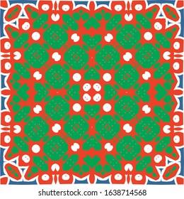 Antique mexican talavera ceramic. Vector seamless pattern illustration. Modern design. Red floral and abstract decor for scrapbooking, smartphone cases, T-shirts, bags or linens.