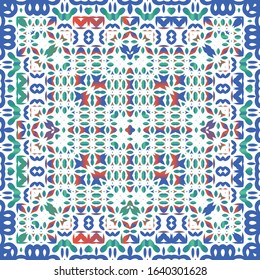 Antique mexican talavera ceramic. Vector seamless pattern collage. Colored design. Red floral and abstract decor for scrapbooking, smartphone cases, T-shirts, bags or linens.