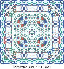 Antique mexican talavera ceramic. Vector seamless pattern collage. Colored design. Red floral and abstract decor for scrapbooking, smartphone cases, T-shirts, bags or linens.