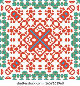 Cerámica antigua mexicana talavera. Concepto de patrón sin fisuras del vector. Diseño gráfico. Decoración floral y abstracta roja para la reserva de chatarra, estuches para smartphones, pantalones en T, bolsas o ropa de cama.