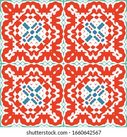 Antike mexikanische Talavera-Keramik. Vektorillustration nahtloses Musterkonzept. Grafikdesign. Rote florale und abstrakte Dekoration für Scrapbooking, Smartphone-Kisten, T-Shirts, Taschen oder Leinenbetten.