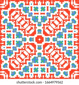 Antique mexican talavera ceramic. Vector seamless pattern concept. Graphic design. Red floral and abstract decor for scrapbooking, smartphone cases, T-shirts, bags or linens.