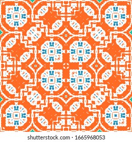 Antique mexican talavera ceramic. Vector seamless pattern concept. Graphic design. Red floral and abstract decor for scrapbooking, smartphone cases, T-shirts, bags or linens.