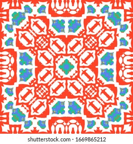 Cerámica antigua mexicana talavera. Concepto de patrón sin fisuras del vector. Diseño gráfico. Decoración floral y abstracta roja para la reserva de chatarra, estuches para smartphones, pantalones en T, bolsas o ropa de cama.