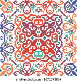 Antique mexican talavera ceramic. Vector seamless pattern collage. Kitchen design. Red floral and abstract decor for scrapbooking, smartphone cases, T-shirts, bags or linens.