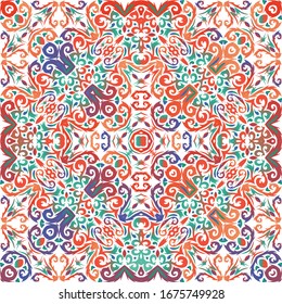 Antique mexican talavera ceramic. Vector seamless pattern illustration. Original design. Red floral and abstract decor for scrapbooking, smartphone cases, T-shirts, bags or linens.