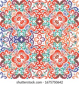 Cerámica antigua mexicana talavera. Textura de patrón sin fisuras del vector. Diseño gráfico. Decoración floral y abstracta roja para la reserva de chatarra, estuches para smartphones, pantalones en T, bolsas o ropa de cama.