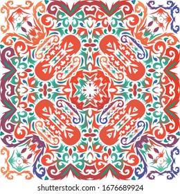 Antique mexican talavera ceramic. Vector seamless pattern texture. Bathroom design. Red floral and abstract decor for scrapbooking, smartphone cases, T-shirts, bags or linens.