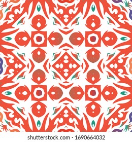 Antique mexican talavera ceramic. Vector seamless pattern flyer. Stylish design. Red floral and abstract decor for scrapbooking, smartphone cases, T-shirts, bags or linens.