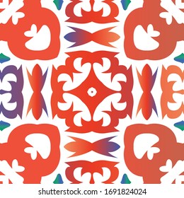 Antique mexican talavera ceramic. Vector seamless pattern theme. Kitchen design. Red floral and abstract decor for scrapbooking, smartphone cases, T-shirts, bags or linens.
