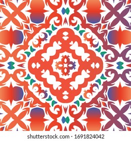 Antique mexican talavera ceramic. Vector seamless pattern poster. Colored design. Red floral and abstract decor for scrapbooking, smartphone cases, T-shirts, bags or linens.
