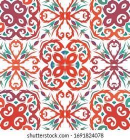 Antique mexican talavera ceramic. Vector seamless pattern trellis. Creative design. Red floral and abstract decor for scrapbooking, smartphone cases, T-shirts, bags or linens.