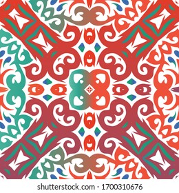 Antique mexican talavera ceramic. Vector seamless pattern trellis. Stylish design. Red floral and abstract decor for scrapbooking, smartphone cases, T-shirts, bags or linens.