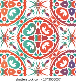 Antique mexican talavera ceramic. Vector seamless pattern illustration. Hand drawn design. Red floral and abstract decor for scrapbooking, smartphone cases, T-shirts, bags or linens.