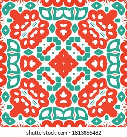 Cerámica de talavera mexicana antigua. Textura de patrón sin fisuras del vector. Diseño de cocina. Decoración floral y abstracta roja para la reserva de recortes, estuches para smartphones, camisetas, bolsas o ropa de cama.