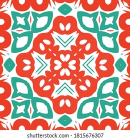 Antique mexican talavera ceramic. Vector seamless pattern texture. Kitchen design. Red floral and abstract decor for scrapbooking, smartphone cases, T-shirts, bags or linens.