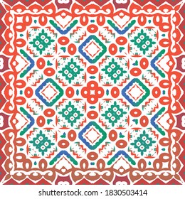 Antique mexican talavera ceramic. Vector seamless pattern template. Kitchen design. Red floral and abstract decor for scrapbooking, smartphone cases, T-shirts, bags or linens.