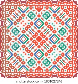 Antique mexican talavera ceramic. Vector seamless pattern template. Kitchen design. Red floral and abstract decor for scrapbooking, smartphone cases, T-shirts, bags or linens.