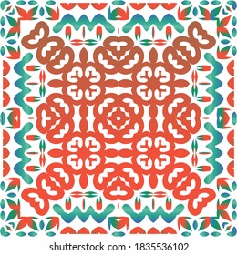 Antique mexican talavera ceramic. Vector seamless pattern texture. Kitchen design. Red floral and abstract decor for scrapbooking, smartphone cases, T-shirts, bags or linens.