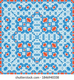 Antique mexican talavera ceramic. Vector seamless pattern concept. Graphic design. Red floral and abstract decor for scrapbooking, smartphone cases, T-shirts, bags or linens.