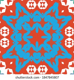 Antique mexican talavera ceramic. Vector seamless pattern concept. Graphic design. Red floral and abstract decor for scrapbooking, smartphone cases, T-shirts, bags or linens.