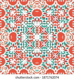 Antique mexican talavera ceramic. Vector seamless pattern elements. Colored design. Red floral and abstract decor for scrapbooking, smartphone cases, T-shirts, bags or linens.