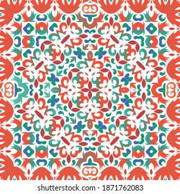 Antique mexican talavera ceramic. Vector seamless pattern elements. Colored design. Red floral and abstract decor for scrapbooking, smartphone cases, T-shirts, bags or linens.