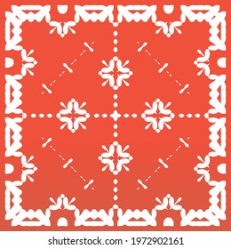 Antique mexican talavera ceramic. Vector seamless pattern frame. Hand drawn design. Red floral and abstract decor for scrapbooking, smartphone cases, T-shirts, bags or linens.