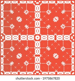 Antique mexican talavera ceramic. Vector seamless pattern frame. Hand drawn design. Red floral and abstract decor for scrapbooking, smartphone cases, T-shirts, bags or linens.