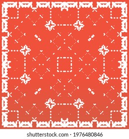 Antique mexican talavera ceramic. Vector seamless pattern frame. Hand drawn design. Red floral and abstract decor for scrapbooking, smartphone cases, T-shirts, bags or linens.