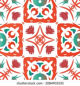 Cerámica de talavera mexicana antigua. Elementos de patrón sin fisuras vectoriales. Diseño universal. Decoración floral y abstracta roja para la reserva de recortes, estuches para smartphones, camisetas, bolsas o ropa de cama.