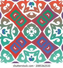 Antique mexican talavera ceramic. Vector seamless pattern trellis. Stylish design. Red floral and abstract decor for scrapbooking, smartphone cases, T-shirts, bags or linens.