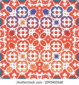 Antique mexican talavera ceramic. Vector seamless pattern arabesque. Colored design. Red floral and abstract decor for scrapbooking, smartphone cases, T-shirts, bags or linens.
