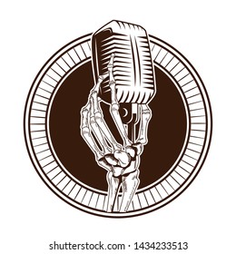 antique microphone and skeleton hand drawn in black and white tattoo icon into a round icon vector illustration graphic design