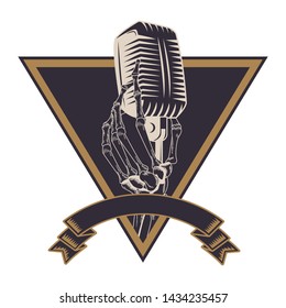 antique microphone and skeleton hand drawn in black and white tattoo icon into a triangle and ribbon banner vector illustration graphic design