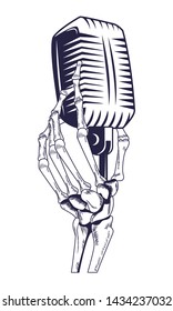 antique microphone and skeleton hand drawn in black and white tattoo icon vector illustration graphic design