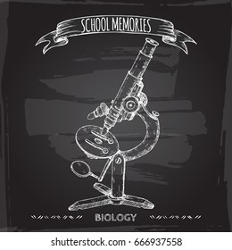 Antique microscope hand drawn sketch placed on blackboard background. School memories collection. Great for school, education, antique shop, retro design.