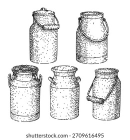 Latas de leche antiguas con varios diseños y asas, que representan la vida rústica de la granja y el almacenamiento tradicional de productos lácteos o equipos de entrega en un estilo de grabado dibujado a mano detallado