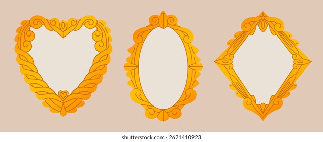 Antique mirror borders - heart, oval and diamond frames with delicate curls, floral motifs, elaborate scrollwork. Vintage hand looking glass, wall speculum, retro graphic decorative elements.