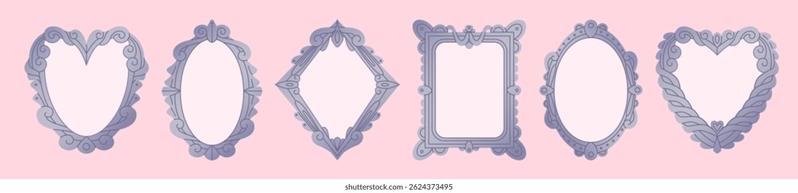 Antique mirror frames set - ornate decorative borders, heart shaped elegant design, diamond motif, oval Victorian style, rectangular filigree pattern. Vintage hand drawn gray shapes on pink background