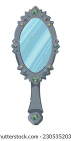 Antique mirror with handle clipart. Occult witch magic tool. Halloween doodle isolated on white. Colored vector illustration in cartoon style..
