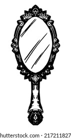 Antique mirror with handle doodle. Occult witch magic tool. Halloween hand drawn vector illustration in retro style. Ink sketch isolated on white.