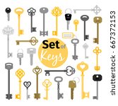 Antique and modern keys in flat style vector illustration. Gold vintage casket key skeleton and car door key set isolated on white background