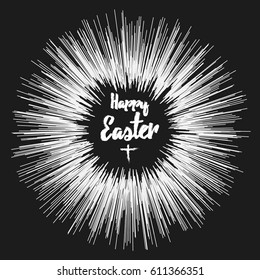 antique monochrome vintage label , badge, crest "happy easter" for card flayer poster logo or t-shirt print with text lettering sun burst and fireworks

