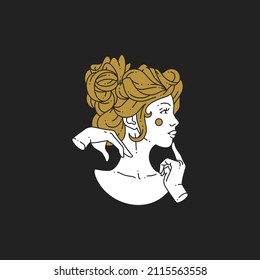 Antique monument Greek goddess blonde woman with curly hairstyle touching face by hands outline logo vector illustration. Ancient medieval lady thinking pensive beautiful face pretty feminine design