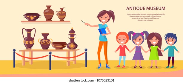 Antique Museum Excursion With School Kids That Hold Hands And Guide With Note Book And Pointer. Ancient Vases Exhibition Vector Illustration